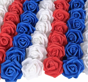 100pcs White Foam Roses Heads,3inch Blue Faux Flowers Red Artificial Rose Stemless Fake Flower Bulk for DIY Crafts,Cake Decoration Wedding,Baby Shower Flower Centerpieces(White,Red&Blue)