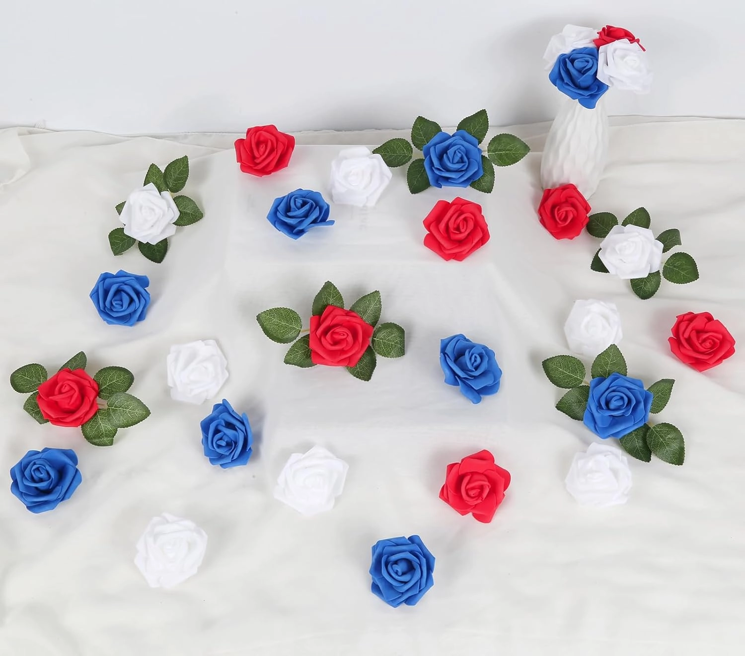 100pcs White Foam Roses Heads,3inch Blue Faux Flowers Red Artificial Rose Stemless Fake Flower Bulk for DIY Crafts,Cake Decoration Wedding,Baby Shower Flower Centerpieces(White,Red&Blue)