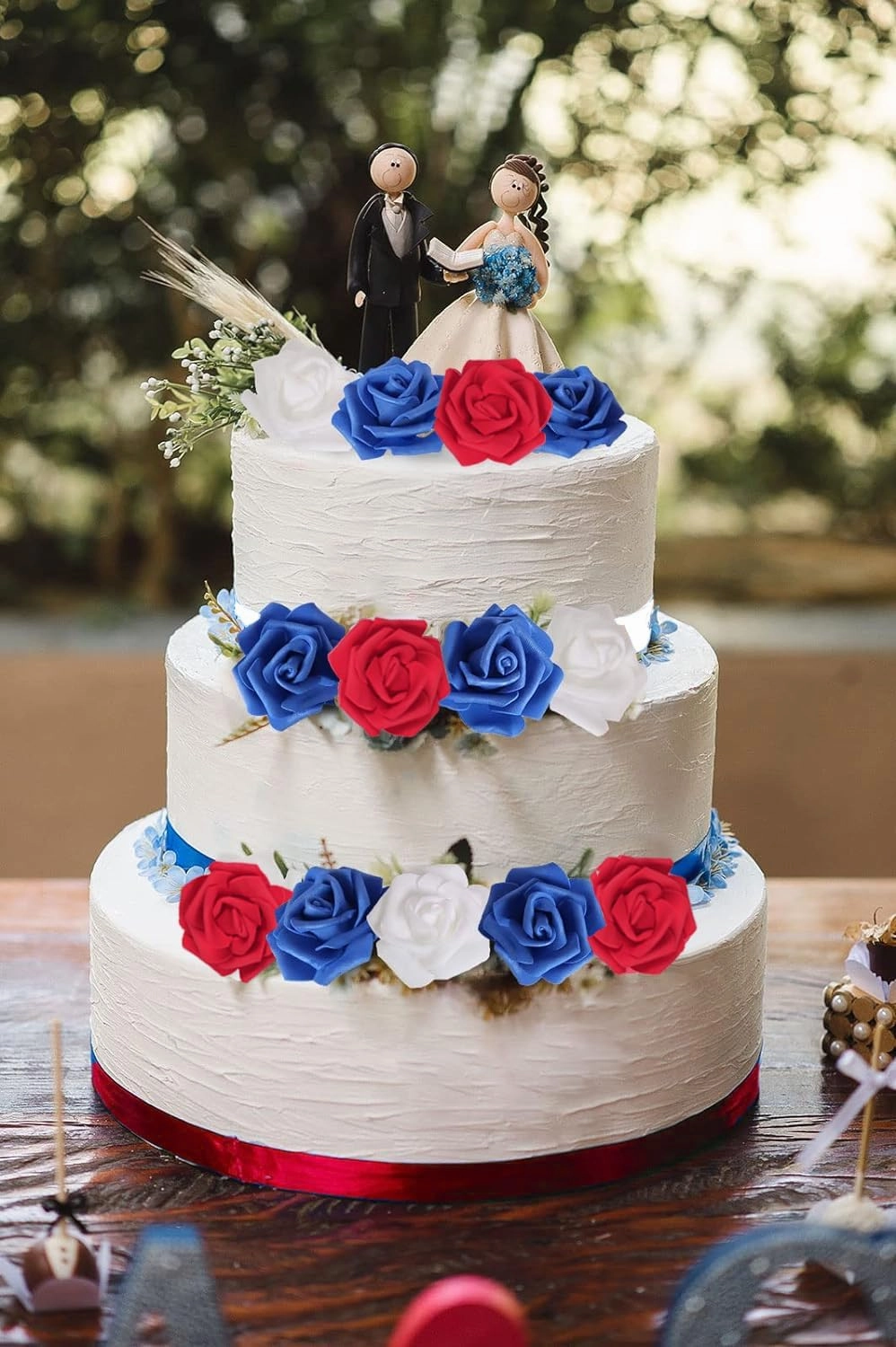 100pcs White Foam Roses Heads,3inch Blue Faux Flowers Red Artificial Rose Stemless Fake Flower Bulk for DIY Crafts,Cake Decoration Wedding,Baby Shower Flower Centerpieces(White,Red&Blue)