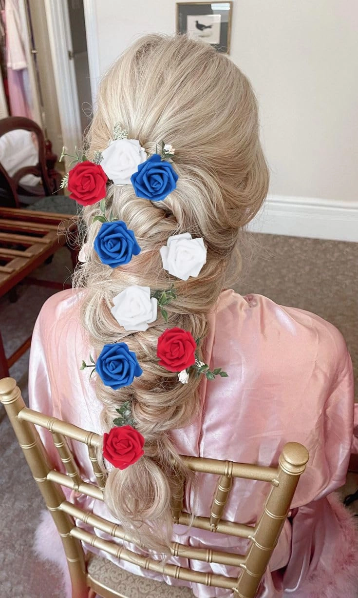 100pcs White Foam Roses Heads,3inch Blue Faux Flowers Red Artificial Rose Stemless Fake Flower Bulk for DIY Crafts,Cake Decoration Wedding,Baby Shower Flower Centerpieces(White,Red&Blue)