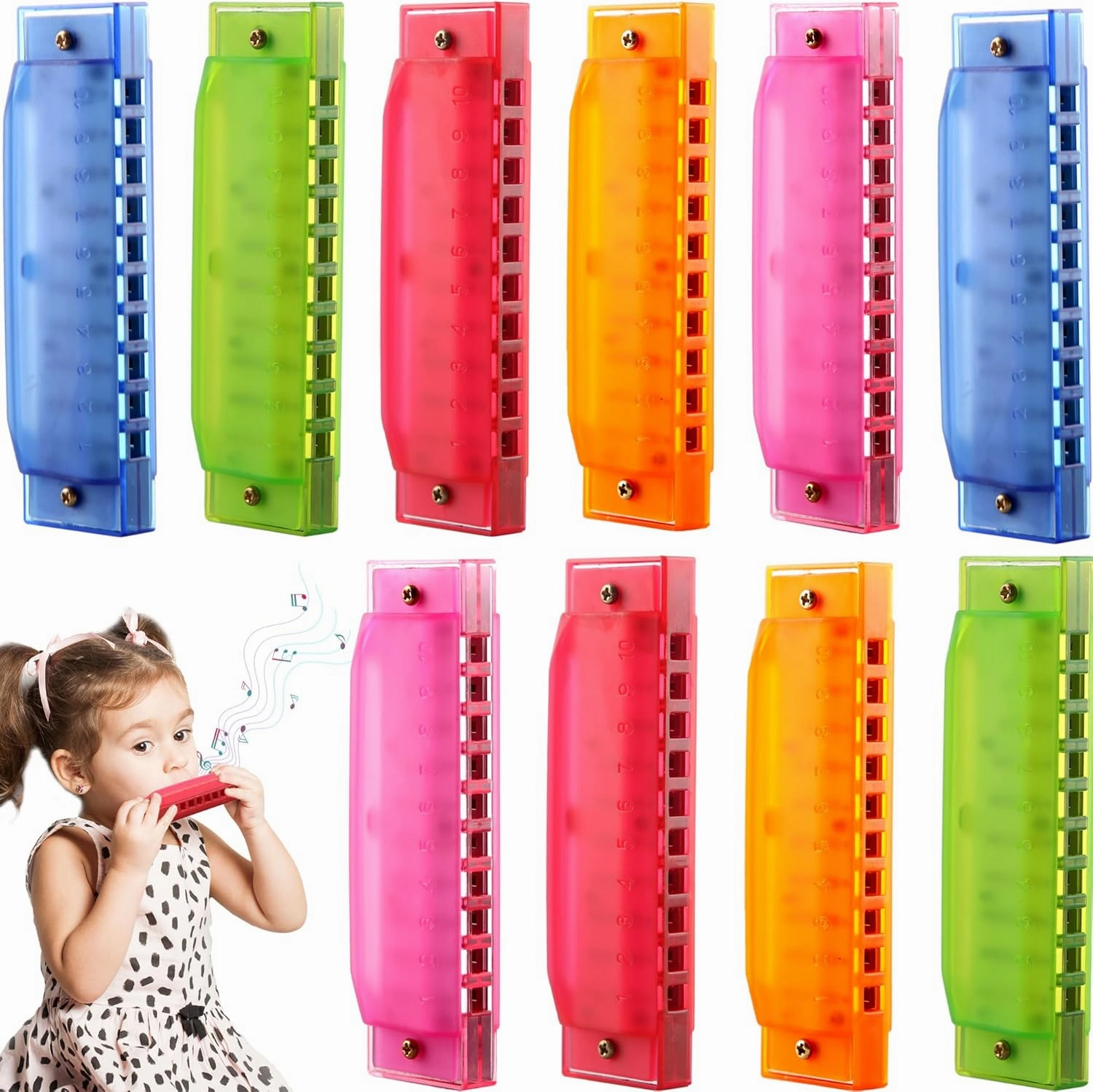 10 Pcs Kids Harmonica - 10 Hole Translucent Plastic Harmonica Toys for Beginner Children, 5 Colors