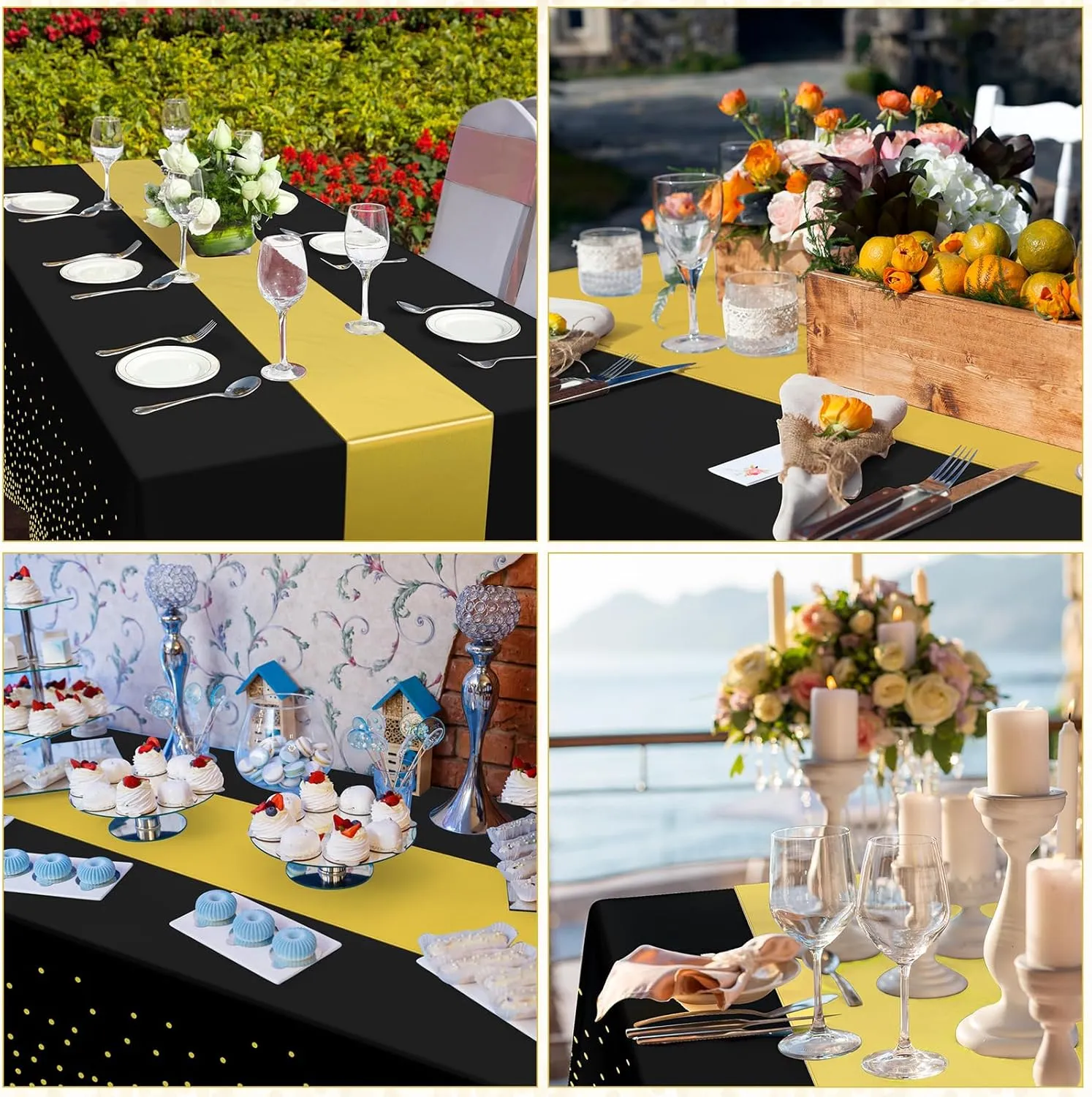 12 Pack Black and Gold Tablecloth and Table Runner Set Party Decorations, Black and Gold Plastic Disposable Tablecloth and Satin Table Runner for Wedding Birthday Bridal Graduation Anniversary Party