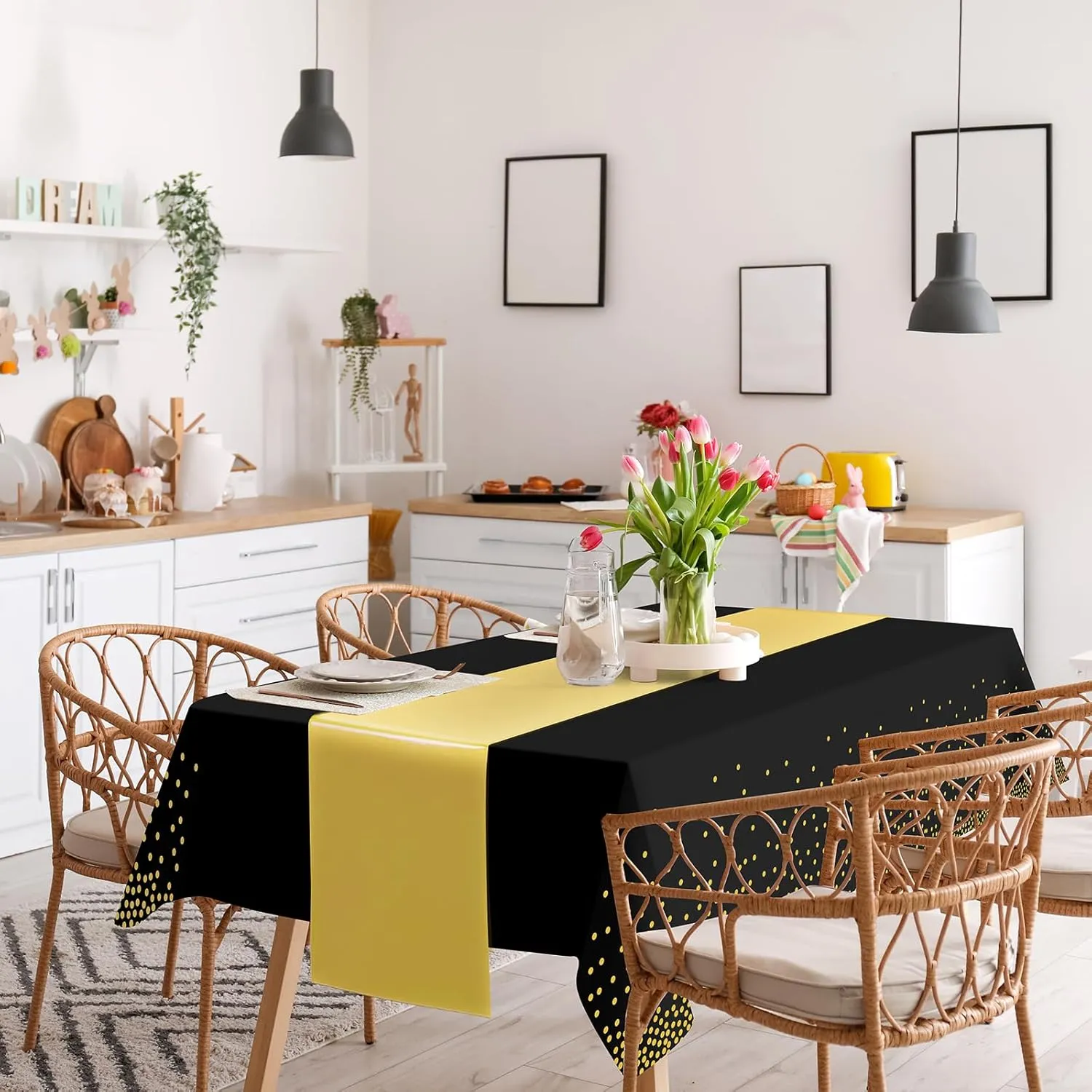 12 Pack Black and Gold Tablecloth and Table Runner Set Party Decorations, Black and Gold Plastic Disposable Tablecloth and Satin Table Runner for Wedding Birthday Bridal Graduation Anniversary Party
