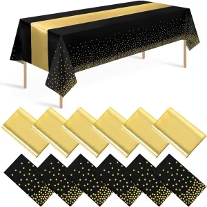 12 Pack Black and Gold Tablecloth and Table Runner Set Party Decorations, Black and Gold Plastic Disposable Tablecloth and Satin Table Runner for Wedding Birthday Bridal Graduation Anniversary Party