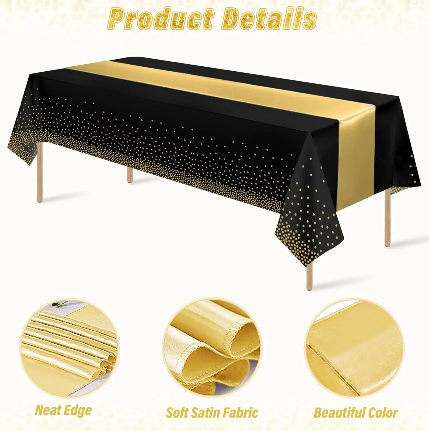 12 Pack Black and Gold Tablecloth and Table Runner Set Party Decorations, Black and Gold Plastic Disposable Tablecloth and Satin Table Runner for Wedding Birthday Bridal Graduation Anniversary Party
