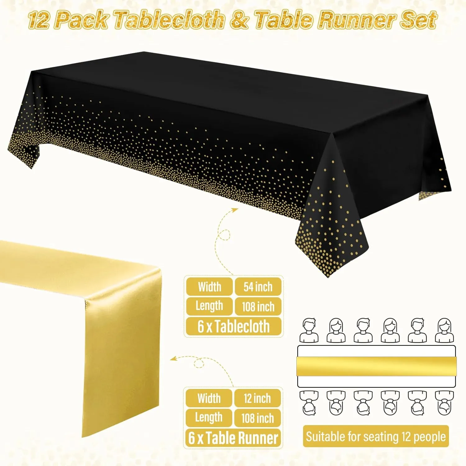 12 Pack Black and Gold Tablecloth and Table Runner Set Party Decorations, Black and Gold Plastic Disposable Tablecloth and Satin Table Runner for Wedding Birthday Bridal Graduation Anniversary Party