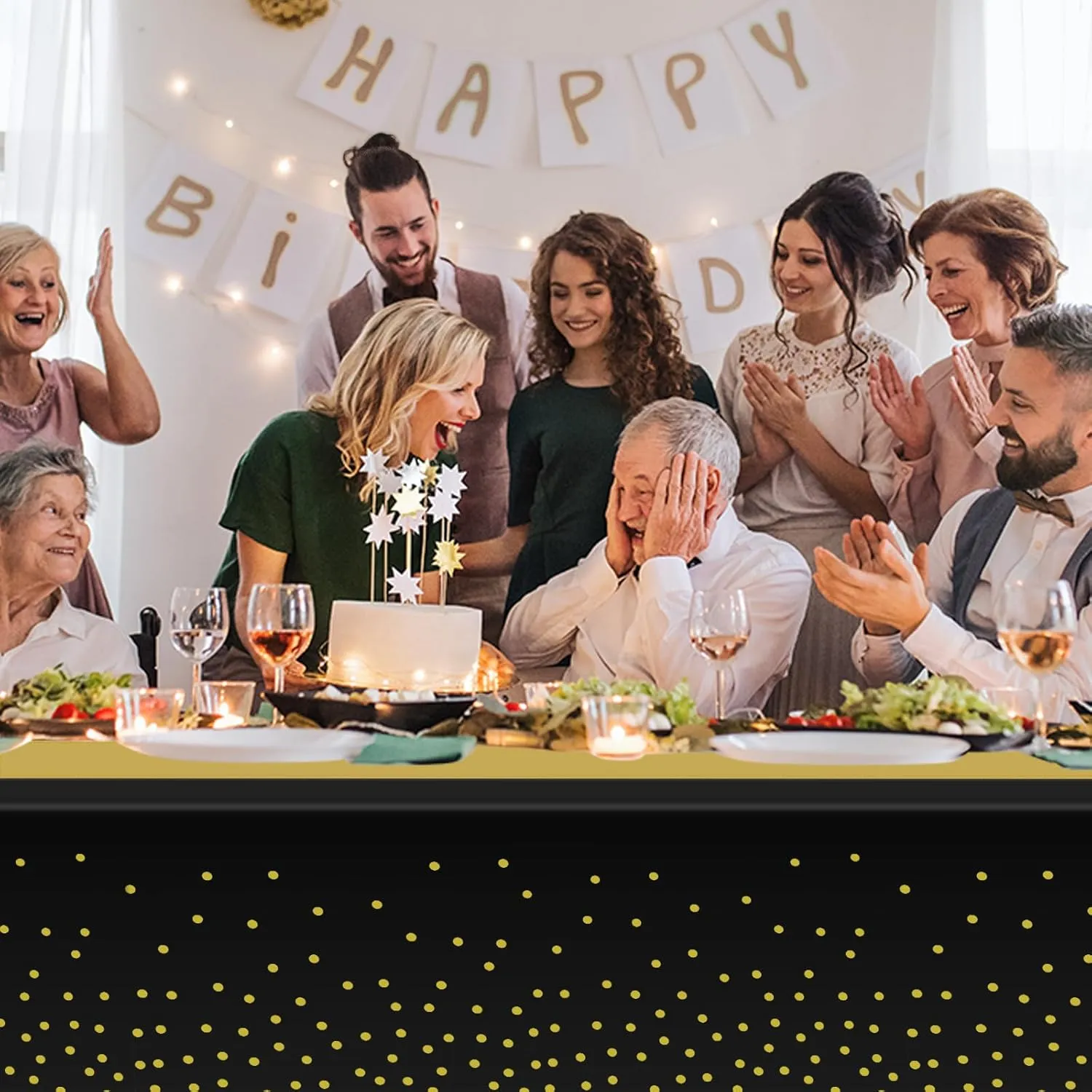 12 Pack Black and Gold Tablecloth and Table Runner Set Party Decorations, Black and Gold Plastic Disposable Tablecloth and Satin Table Runner for Wedding Birthday Bridal Graduation Anniversary Party