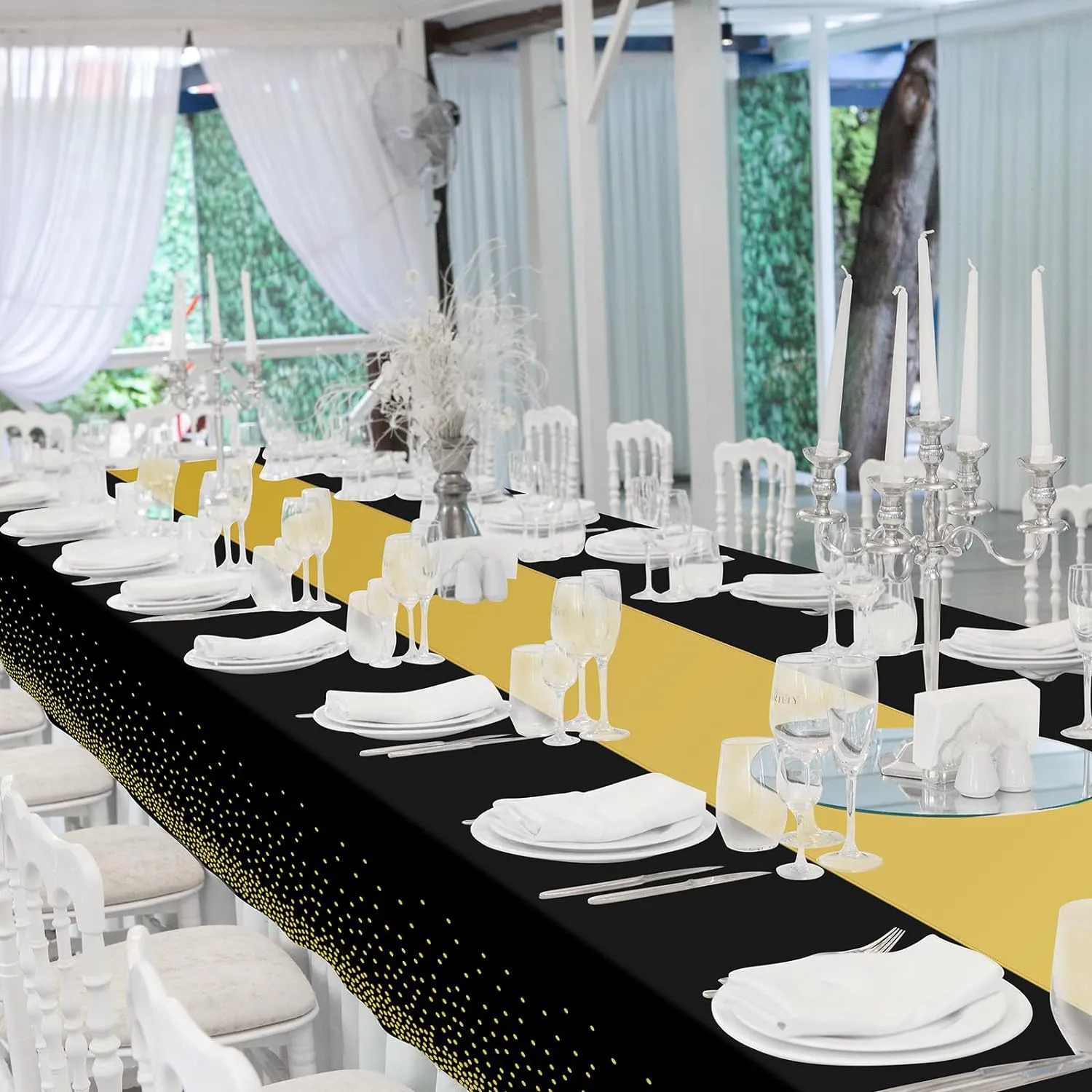 12 Pack Black and Gold Tablecloth and Table Runner Set Party Decorations, Black and Gold Plastic Disposable Tablecloth and Satin Table Runner for Wedding Birthday Bridal Graduation Anniversary Party