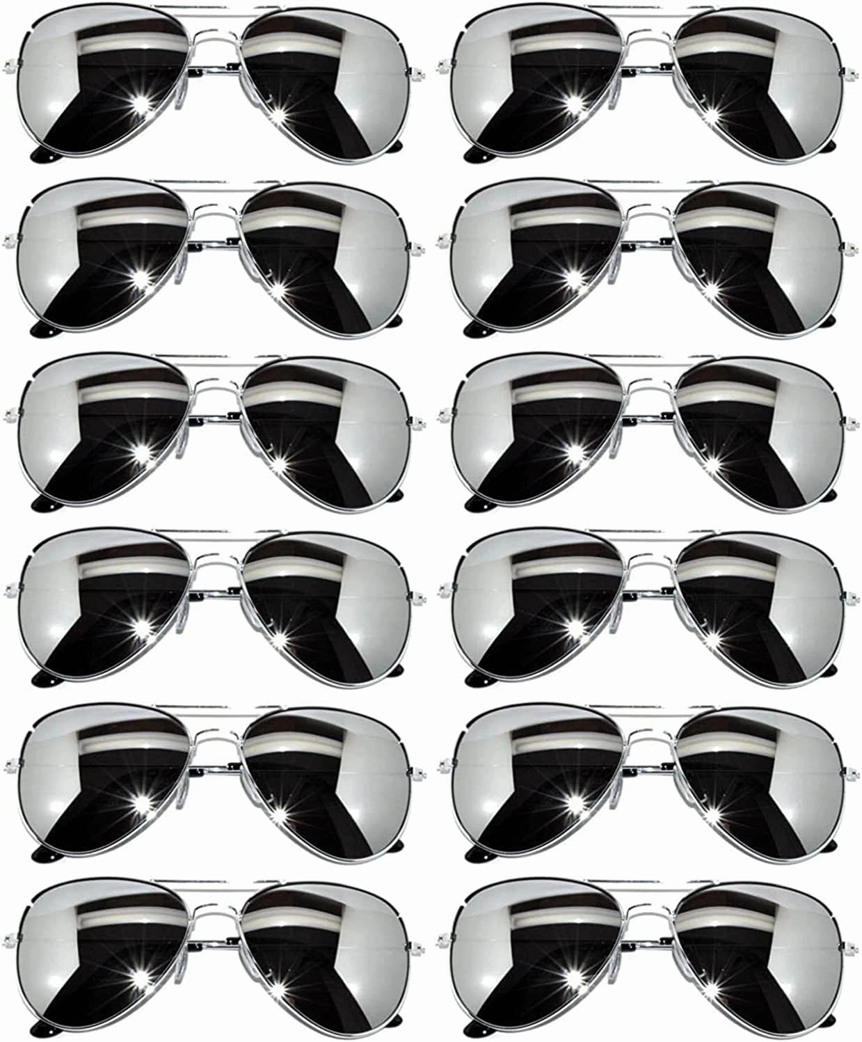 12 Pack Aviator Sunglasses Mirrored Lens, Womens Mens Wholesale Eyewear with Black, Silver, Gold Frames