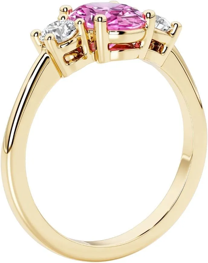 14K Solid Gold Oval Lab Grown Pink Sapphire and Diamond 3 Stone Ring, 1.50 Carats, 8x6mmSeptember Birthstone, Birthday, Engagement, Anniversary, Wedding Jewelry Gift for Women, Sizes 4-10