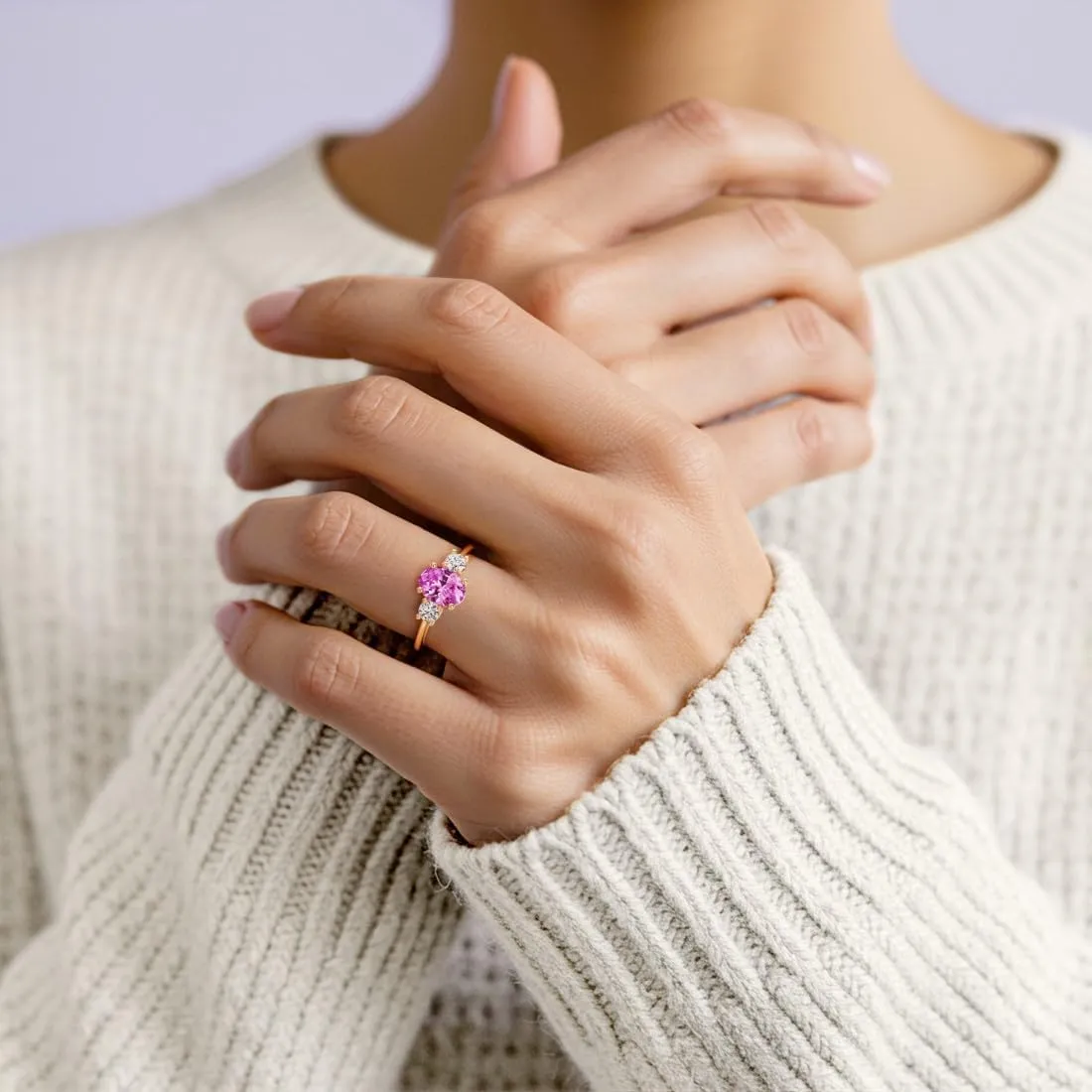 14K Solid Gold Oval Lab Grown Pink Sapphire and Diamond 3 Stone Ring, 1.50 Carats, 8x6mmSeptember Birthstone, Birthday, Engagement, Anniversary, Wedding Jewelry Gift for Women, Sizes 4-10