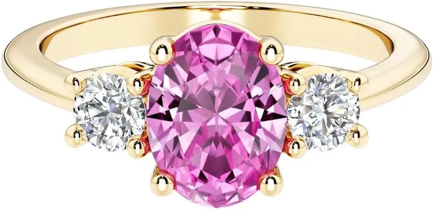 14K Solid Gold Oval Lab Grown Pink Sapphire and Diamond 3 Stone Ring, 1.50 Carats, 8x6mmSeptember Birthstone, Birthday, Engagement, Anniversary, Wedding Jewelry Gift for Women, Sizes 4-10