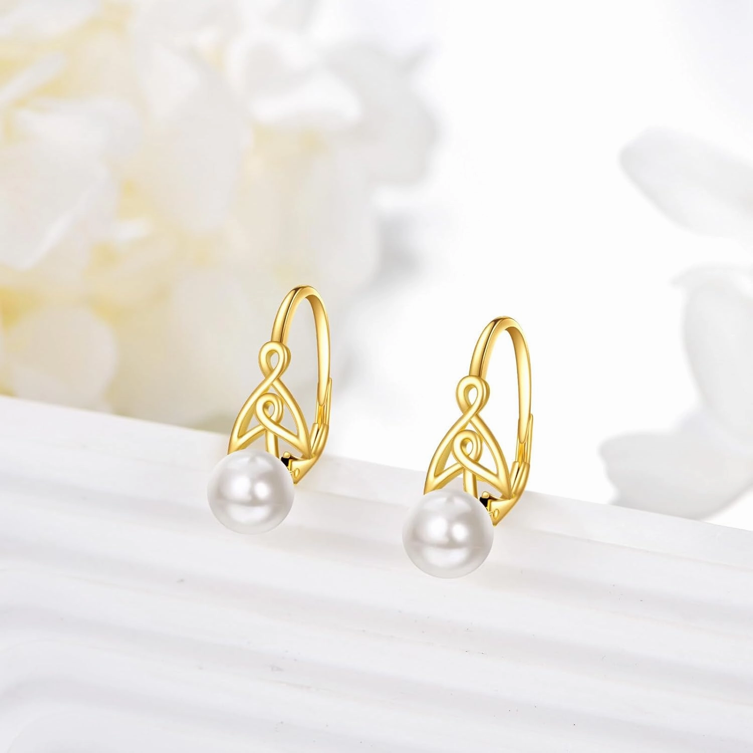 14K Solid Gold Freshwater Pearl Drop Leverback Earrings for Women - Cubic Zirconia Pearl Dangle Jewelry Gift (9MM)