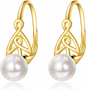14K Solid Gold Freshwater Pearl Drop Leverback Earrings for Women - Cubic Zirconia Pearl Dangle Jewelry Gift (9MM)