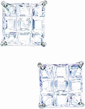 14k White Gold 9x9mm 9 Segment Square CZ Simulated Diamond Basket Set Earrings Stud Earring for Women