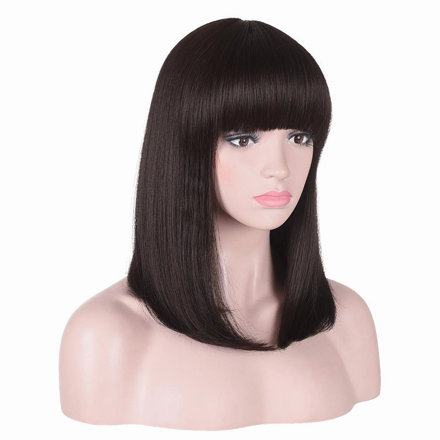 15 Inch Short Straight Dark Brown Bob Wig with Bangs | Natural Heat Resistant Synthetic Hair for Women Daily Wear (Brown)