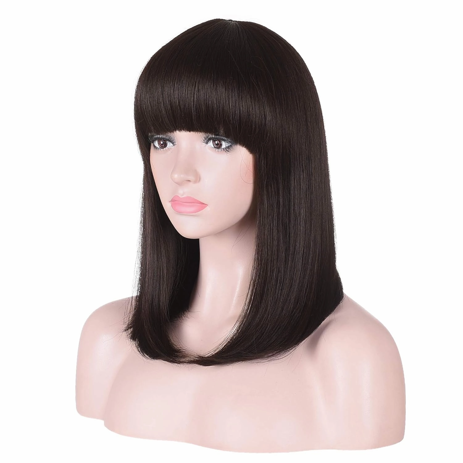 15 Inch Short Straight Dark Brown Bob Wig with Bangs | Natural Heat Resistant Synthetic Hair for Women Daily Wear (Brown)