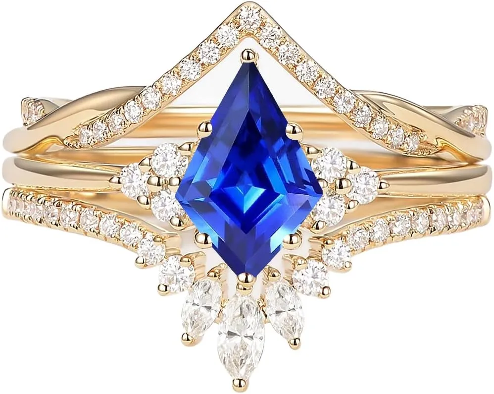 1.5ct/2ct Blue Sapphire Wedding Ring Set - Kite Cut Blue Sapphire Bridal Sets Wedding Rings White Yellow Rose 10K 14K 18K Gold Sterling Silver Gem Engagement Anniversary Promise Ring Set for Her