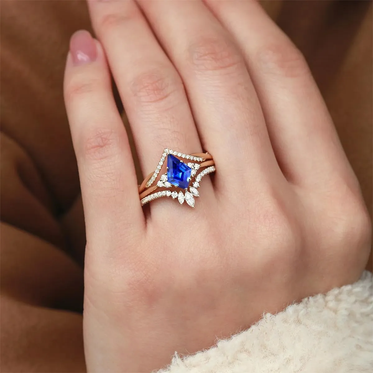 1.5ct/2ct Blue Sapphire Wedding Ring Set - Kite Cut Blue Sapphire Bridal Sets Wedding Rings White Yellow Rose 10K 14K 18K Gold Sterling Silver Gem Engagement Anniversary Promise Ring Set for Her