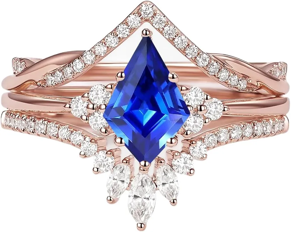 1.5ct/2ct Blue Sapphire Wedding Ring Set - Kite Cut Blue Sapphire Bridal Sets Wedding Rings White Yellow Rose 10K 14K 18K Gold Sterling Silver Gem Engagement Anniversary Promise Ring Set for Her
