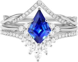 1.5ct/2ct Blue Sapphire Wedding Ring Set - Kite Cut Blue Sapphire Bridal Sets Wedding Rings White Yellow Rose 10K 14K 18K Gold Sterling Silver Gem Engagement Anniversary Promise Ring Set for Her