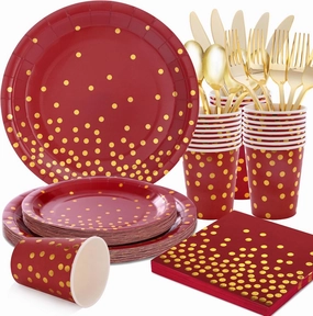 175 PCS Burgundy and Gold Party Supplies - Burgundy Plates and Napkins Sets Serve 25 Guests - Maroon and Gold Paper Plates for Birthday Wedding Graduation Party Decorations