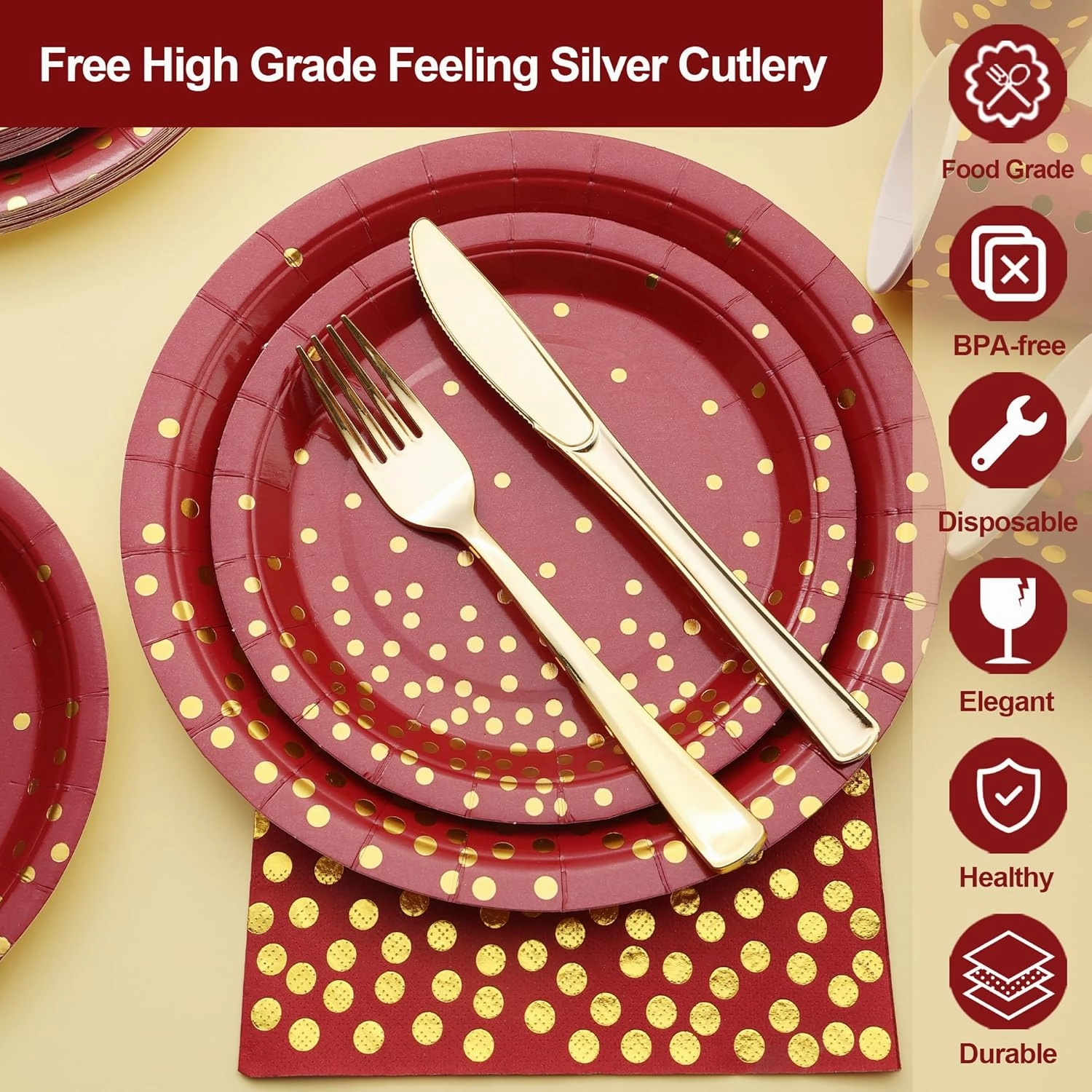 175 PCS Burgundy and Gold Party Supplies - Burgundy Plates and Napkins Sets Serve 25 Guests - Maroon and Gold Paper Plates for Birthday Wedding Graduation Party Decorations
