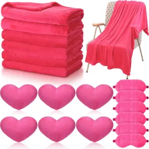 18 Pcs Kids Sleepover Party Supplies Set for Girls Fleece Soft Blankets Fluffy Heart Throw Pillow Plush Sleep Eye Mask for Spa Camping Birthday Favors(Rose Pink)