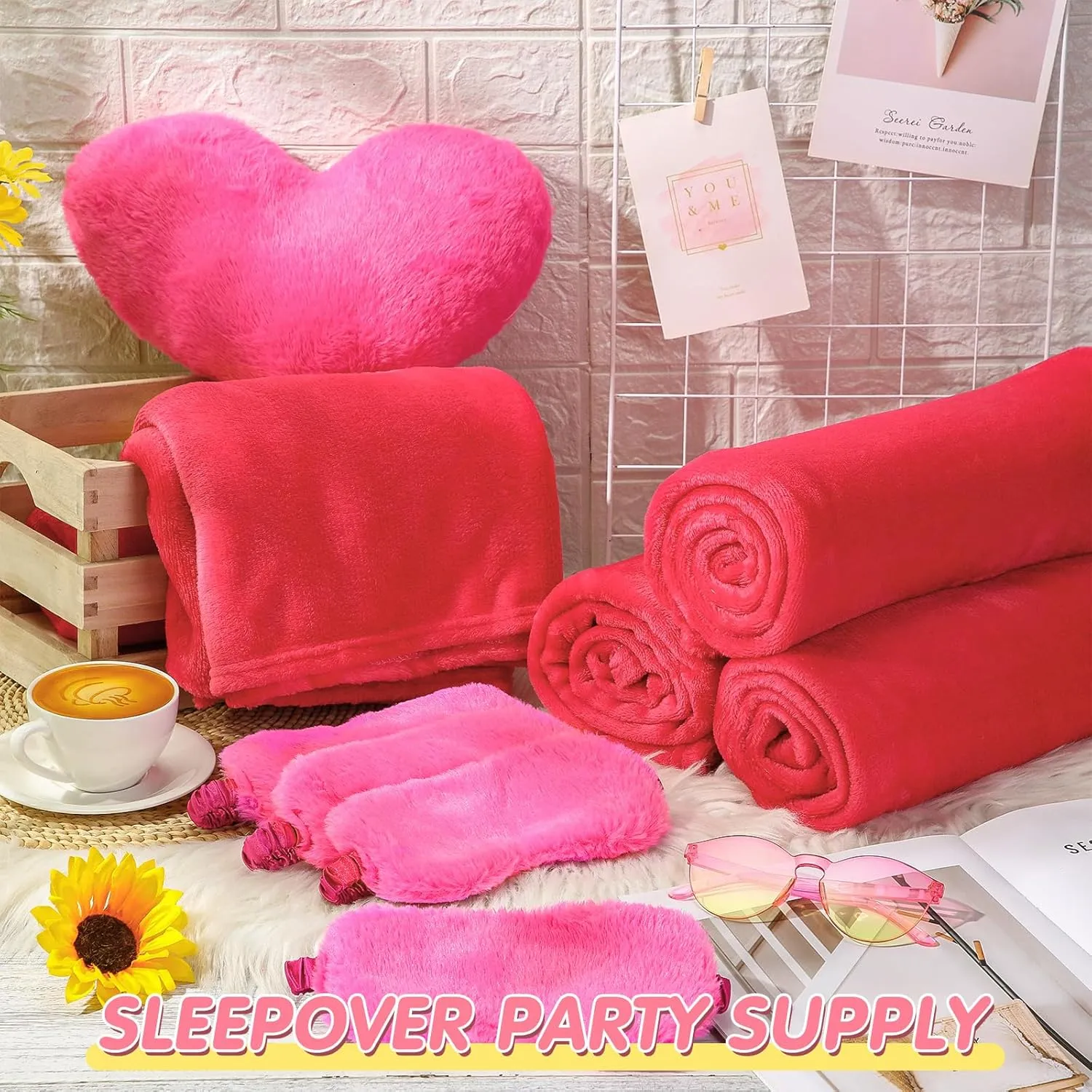 18 Pcs Kids Sleepover Party Supplies Set for Girls Fleece Soft Blankets Fluffy Heart Throw Pillow Plush Sleep Eye Mask for Spa Camping Birthday Favors(Rose Pink)
