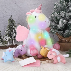 18" Graduation Unicorn Gifts Lighting up Stuffed Mommy Unicorn with 4 Baby Unicorns in Her Tummy Stuffed Animal Unicorn Toys with Gift Card for Girl Kids Graduation Birthday Gift