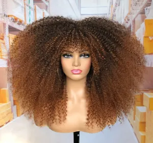 18Inch Long Curly Wig With Bangs for Black Women Afro Bomb Kinky Curly Wig Fluffy and Soft Synthetic Hair（Black to Brown）