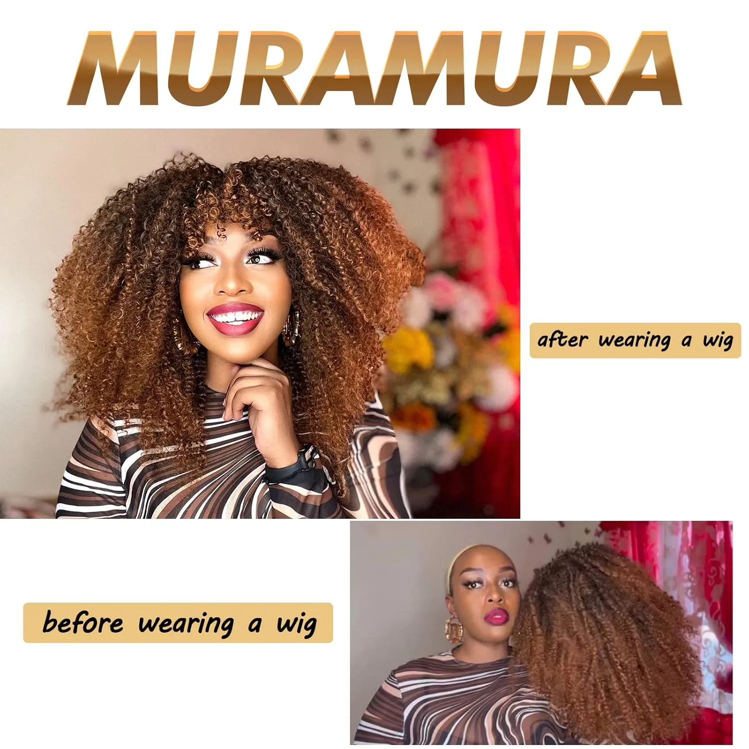 18Inch Long Curly Wig With Bangs for Black Women Afro Bomb Kinky Curly Wig Fluffy and Soft Synthetic Hair（Black to Brown）