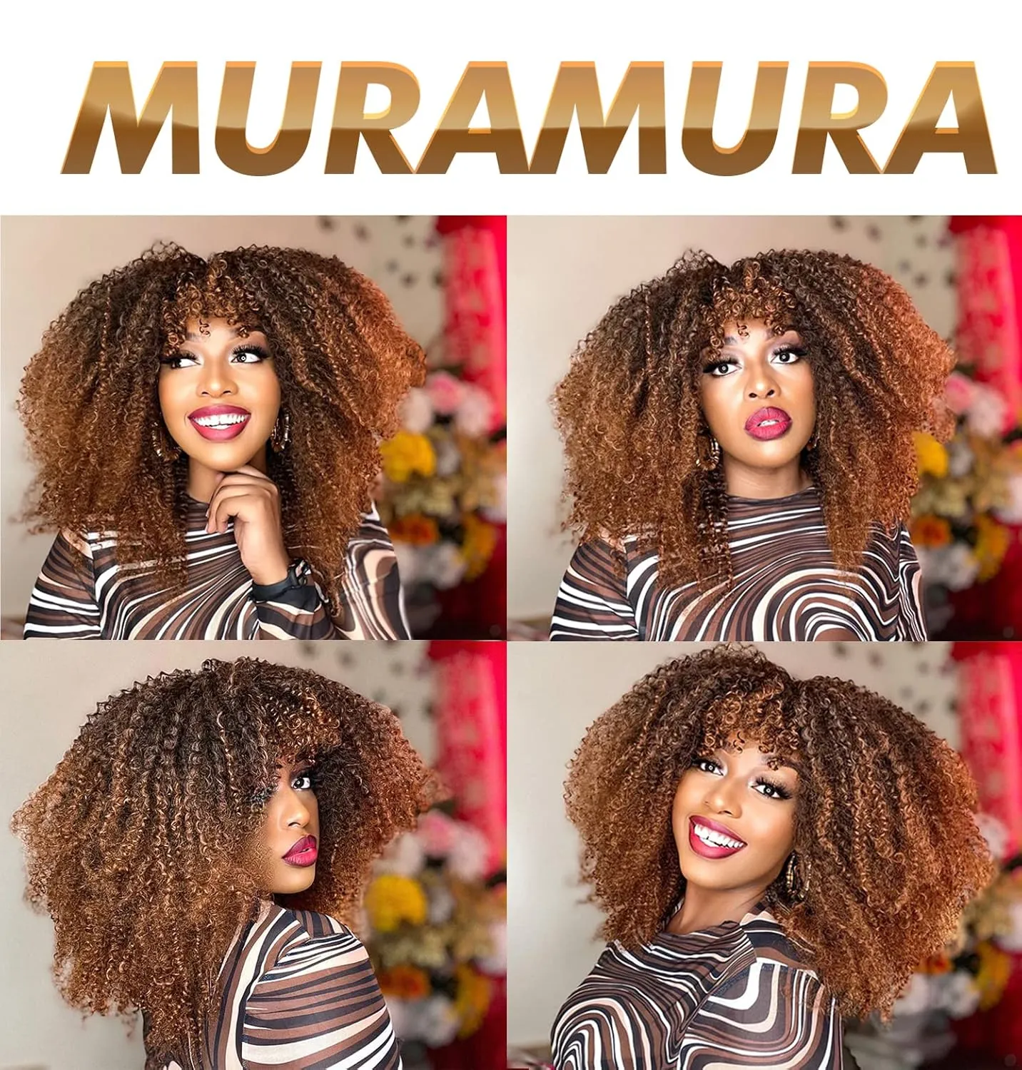 18Inch Long Curly Wig With Bangs for Black Women Afro Bomb Kinky Curly Wig Fluffy and Soft Synthetic Hair（Black to Brown）