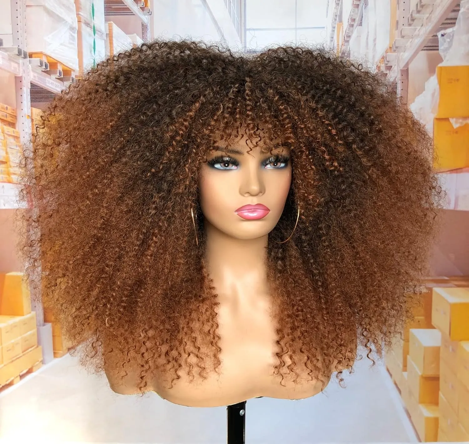 18Inch Long Curly Wig With Bangs for Black Women Afro Bomb Kinky Curly Wig Fluffy and Soft Synthetic Hair（Black to Brown）