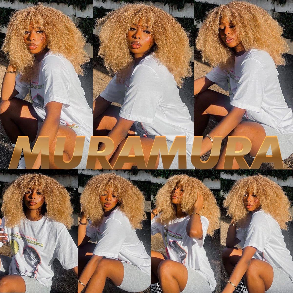 18Inch Long Curly Wig With Bangs for Black Women Afro Bomb Kinky Curly Wig Fluffy and Soft Synthetic Hair（33/27）