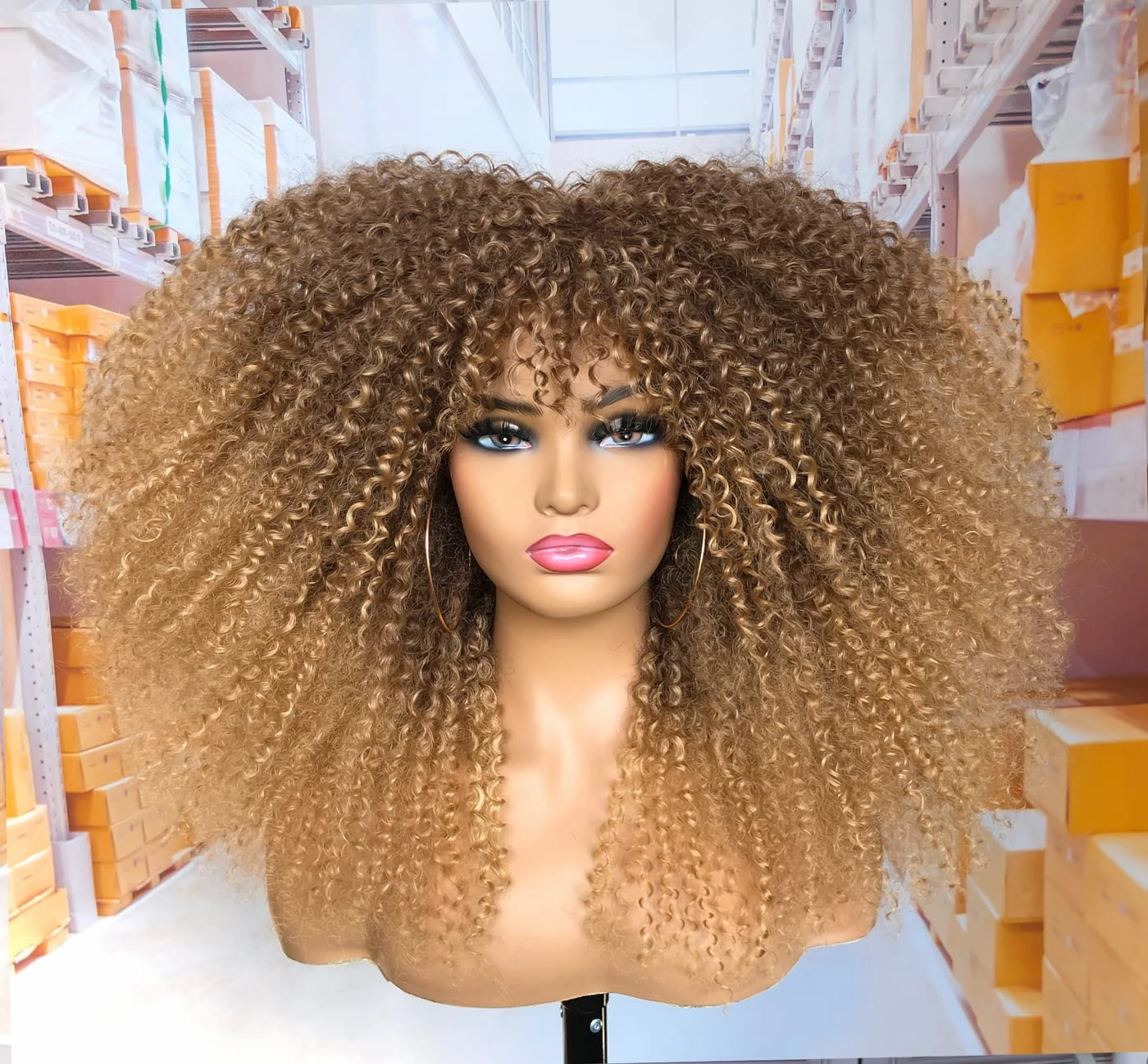 18Inch Long Curly Wig With Bangs for Black Women Afro Bomb Kinky Curly Wig Fluffy and Soft Synthetic Hair（33/27）