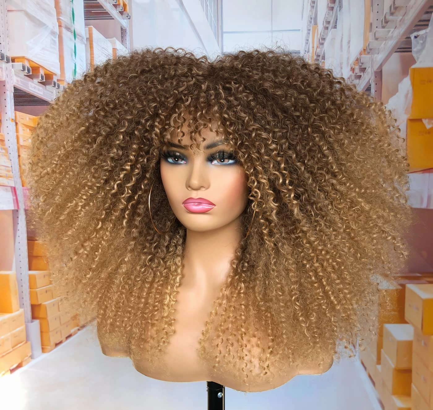 18Inch Long Curly Wig With Bangs for Black Women Afro Bomb Kinky Curly Wig Fluffy and Soft Synthetic Hair（33/27）