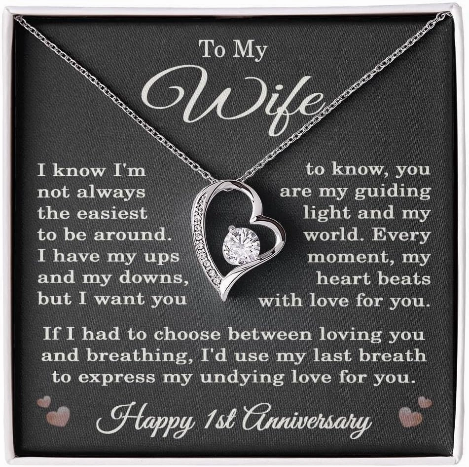 1st Anniversary Necklace for Wife from Husband 1 Year Anniversary Jewelry for Her Women Forever Love Pendant Standard Box 14k White Gold Finish