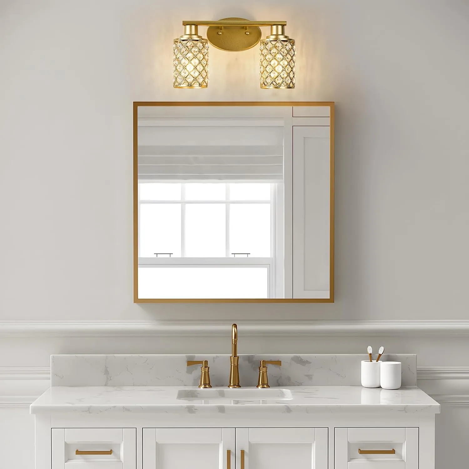 2 Light Bathroom Light Fixtures, Modern Farmhouse Vanity Light,Gold Bathroom Lights Over Mirror,Crystal Vanity Lighting Fixtures for Bathroom,Powder Room