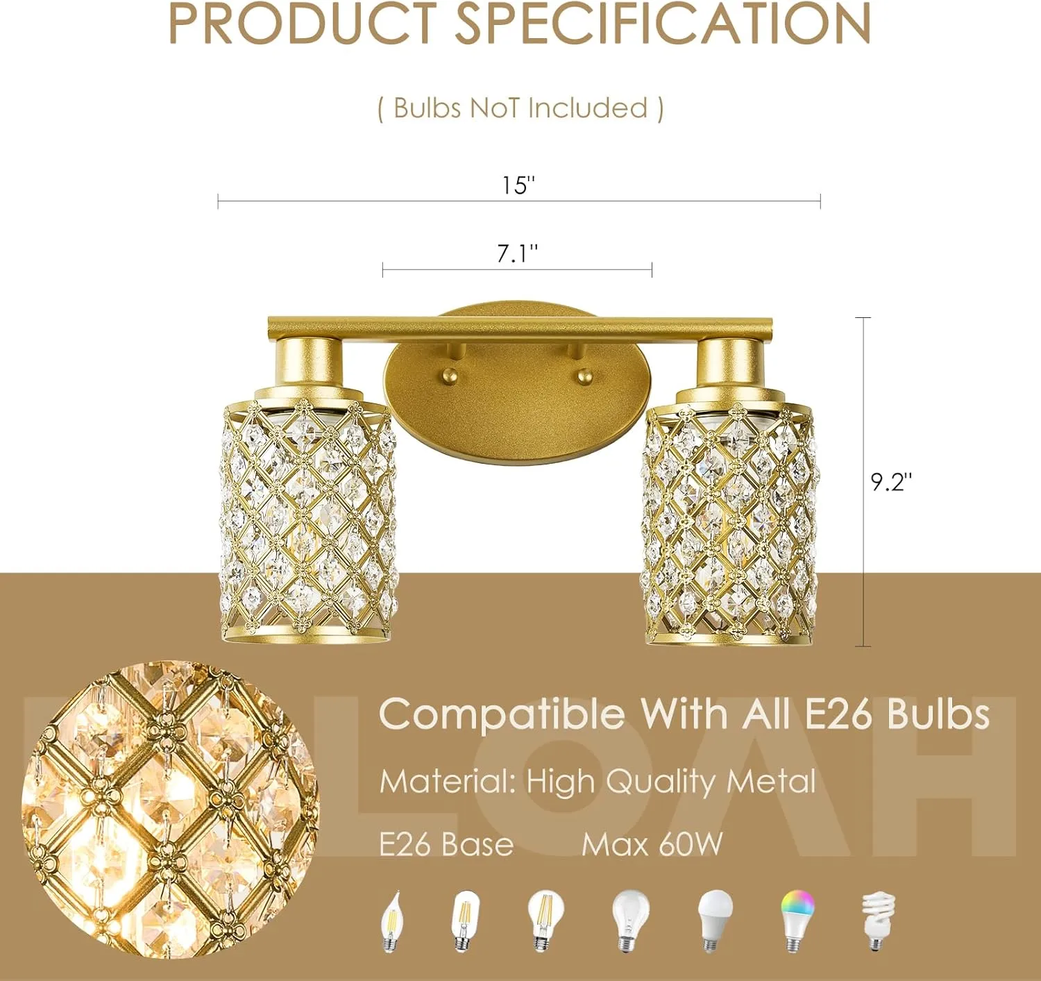 2 Light Bathroom Light Fixtures, Modern Farmhouse Vanity Light,Gold Bathroom Lights Over Mirror,Crystal Vanity Lighting Fixtures for Bathroom,Powder Room