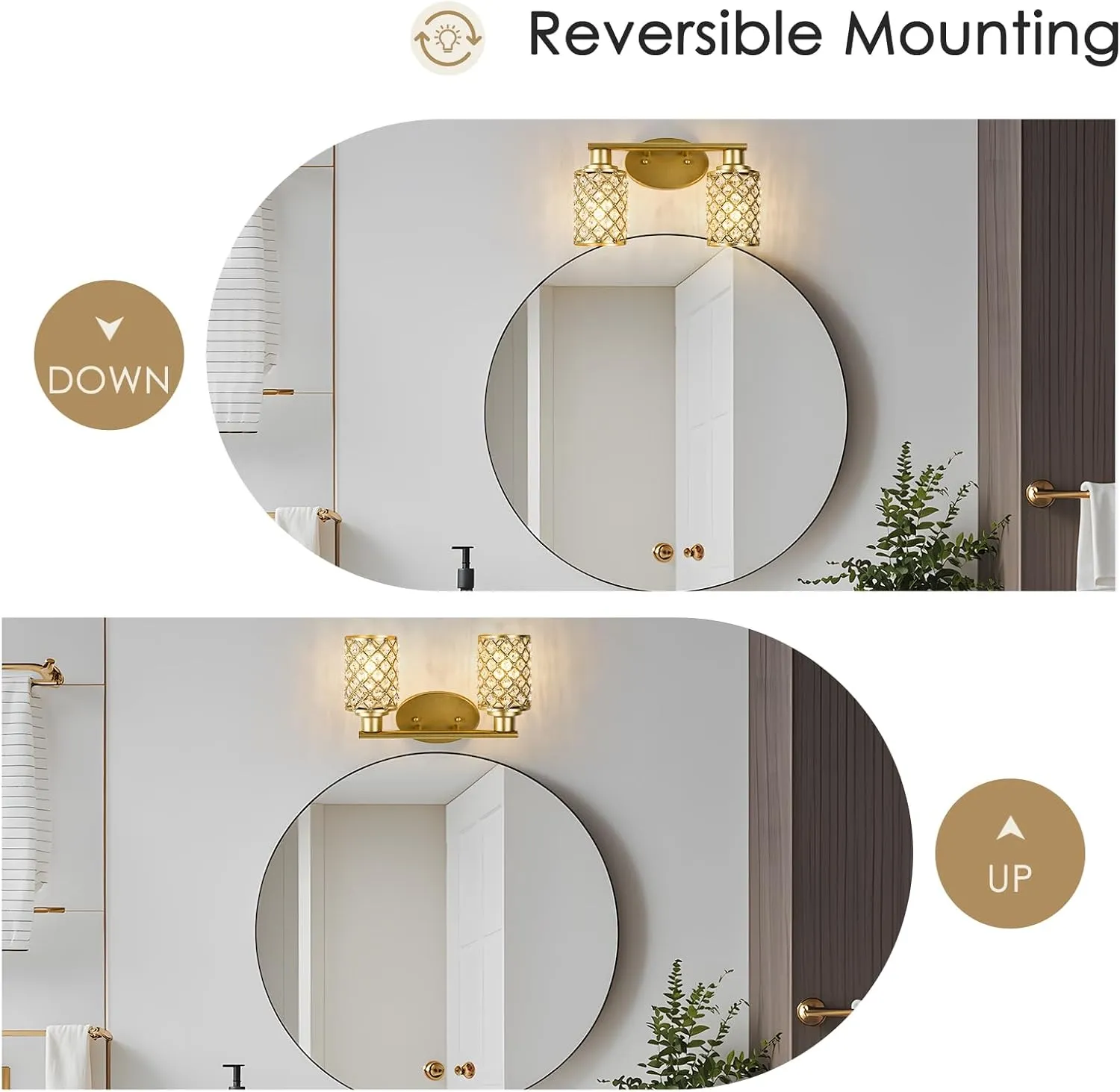 2 Light Bathroom Light Fixtures, Modern Farmhouse Vanity Light,Gold Bathroom Lights Over Mirror,Crystal Vanity Lighting Fixtures for Bathroom,Powder Room