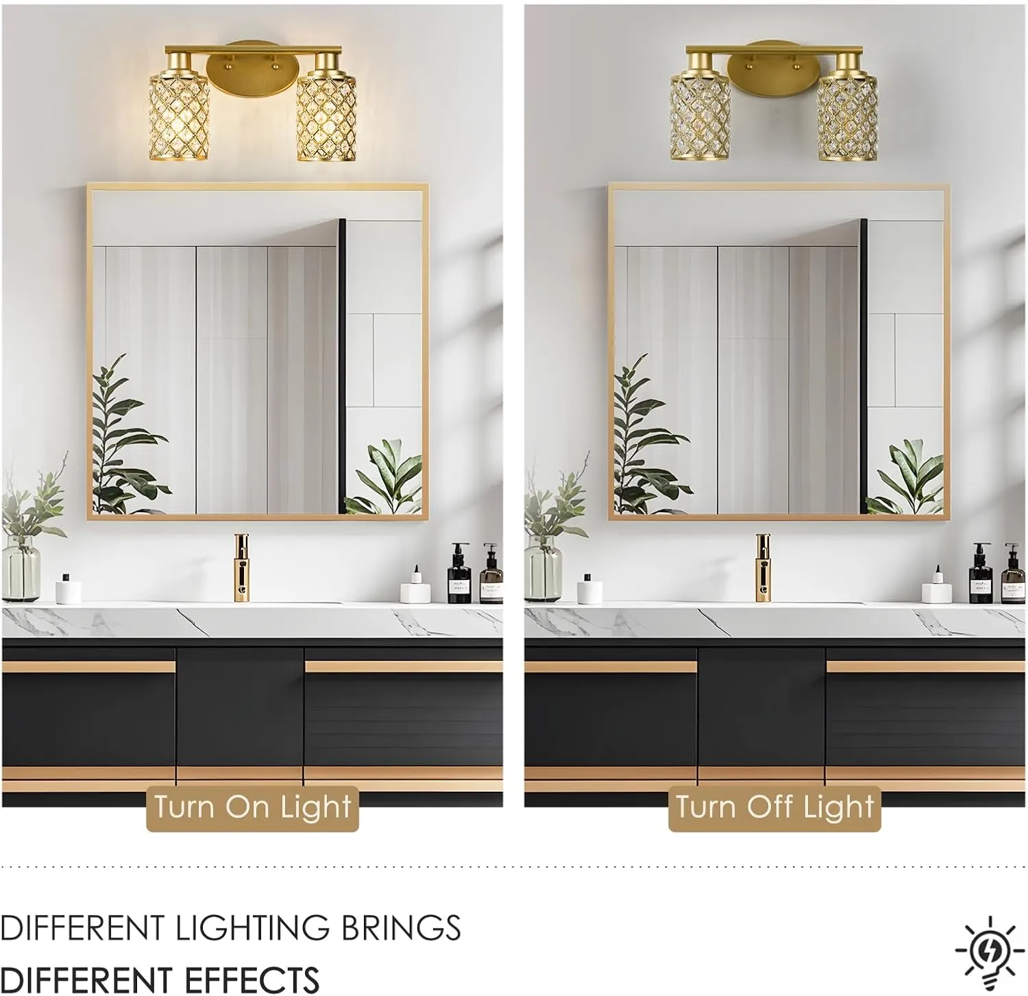 2 Light Bathroom Light Fixtures, Modern Farmhouse Vanity Light,Gold Bathroom Lights Over Mirror,Crystal Vanity Lighting Fixtures for Bathroom,Powder Room