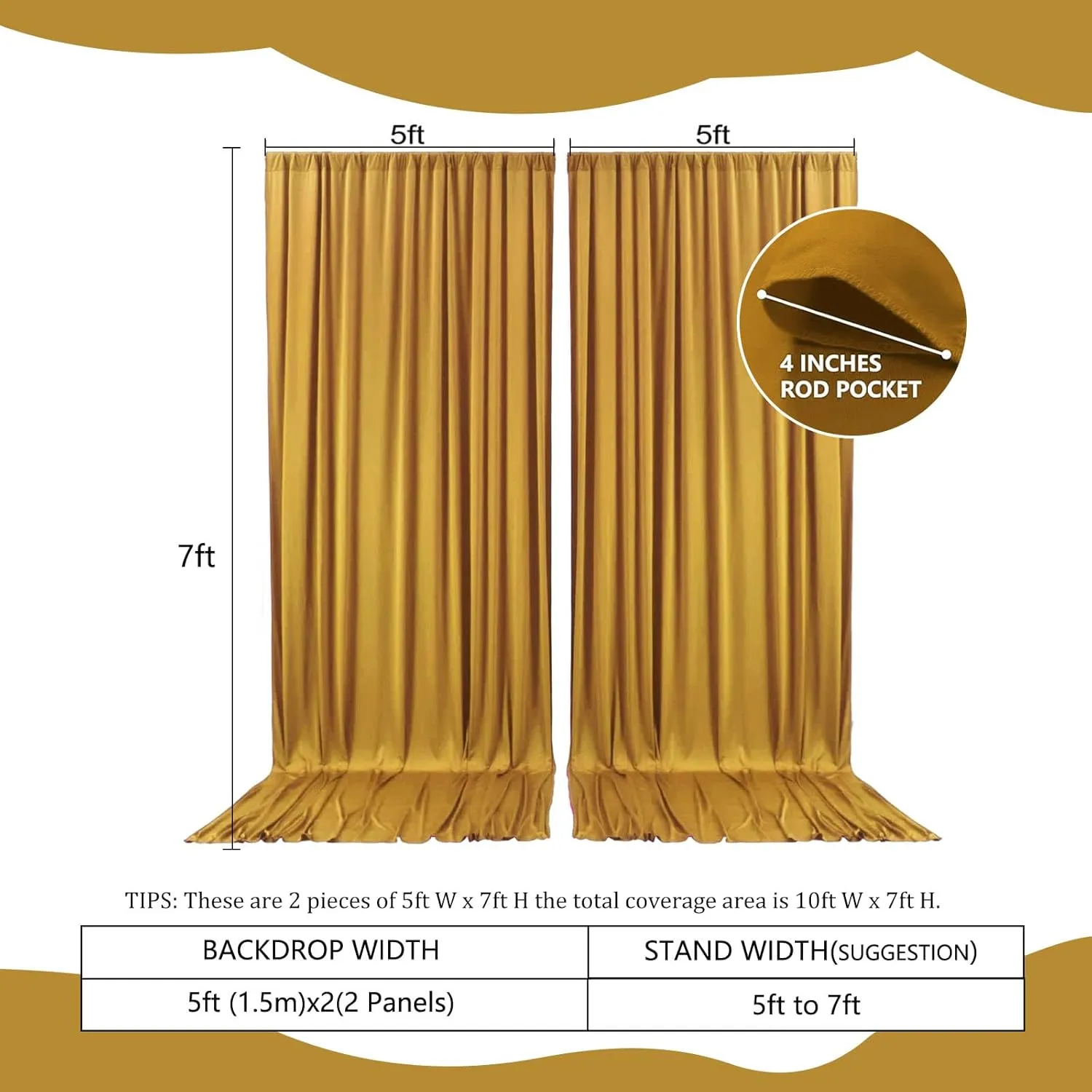 2 Panels Gold Backdrop Curtain, 10 x 7 Feet Background Curtains for Parties, Weddings, Baby Showers, Bachelorette Halloween, Christmas Birthday Party Photoshoot Backdrop Curtains Decorations