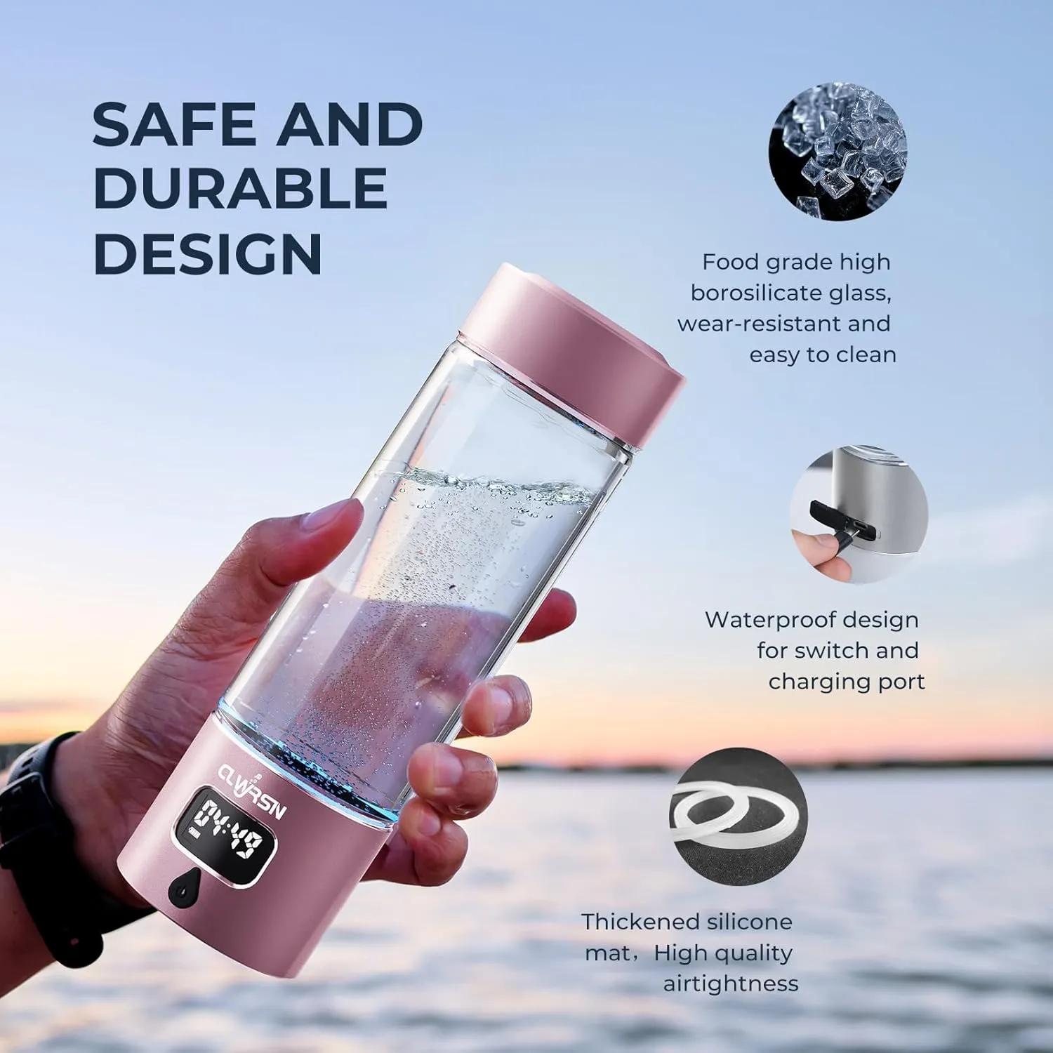2025 Hydrogen Water Bottle Generator-Portable Hydrogen Water Ionizer Machine-SPE/PEM Technology-Athletic Performance & Hydration System-Alternative to Hydrogen Water Pitcher(Pink)