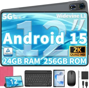 2025 Upgraded Android 15 Tablet, 12 inch Android Tablet with Keyboard, 24GB RAM 128GB ROM(1TB Expand), Octa-Core, 2K 2000x1200 Display, 16MP Dual Camera, 8000mAh, 5G WiFi, GPS, Bluetooth 5.0（Pink）