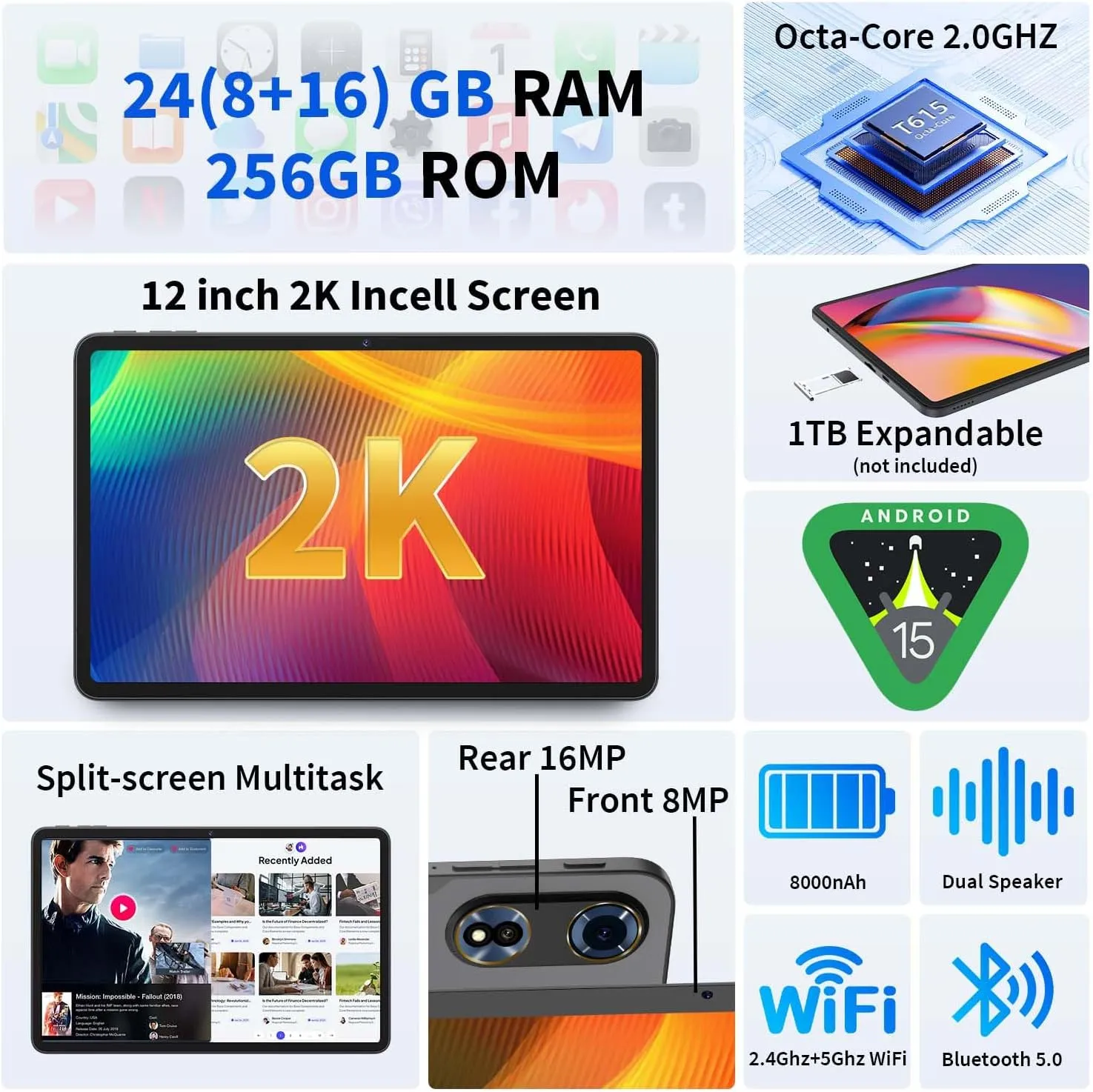 2025 Upgraded Android 15 Tablet, 12 inch Android Tablet with Keyboard, 24GB RAM 128GB ROM(1TB Expand), Octa-Core, 2K 2000x1200 Display, 16MP Dual Camera, 8000mAh, 5G WiFi, GPS, Bluetooth 5.0（Pink）