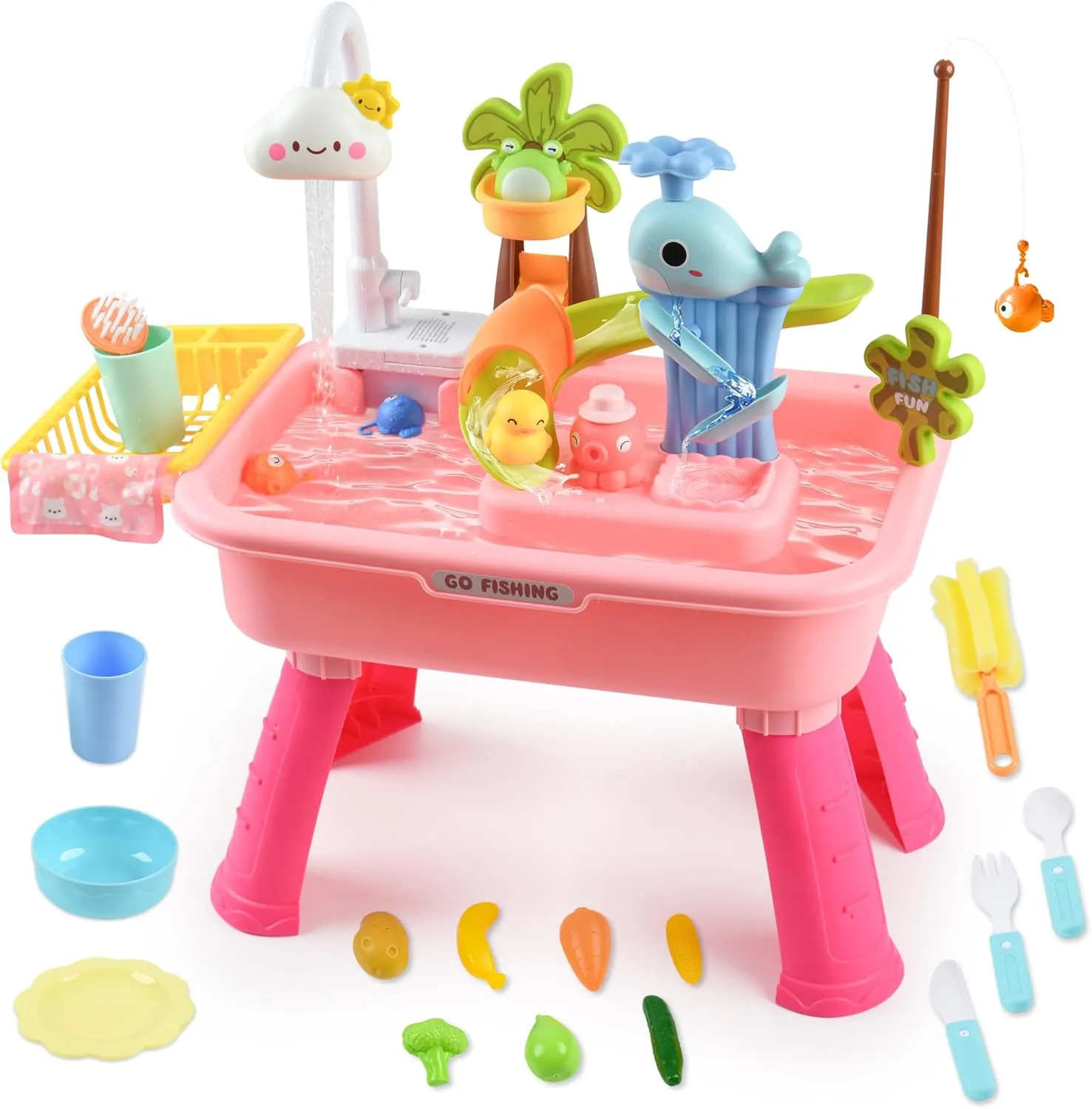 2026 Upgraded Toddler Sand Water Table Toy with Electric Water Pump, Kids Sand Water with Faucet/Play Food Accessories/Fishing Toy, Kitchen Play Sink Toys for Girl Boy Age 3  (Pink)