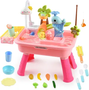 2026 Upgraded Toddler Sand Water Table Toy with Electric Water Pump, Kids Sand Water with Faucet/Play Food Accessories/Fishing Toy, Kitchen Play Sink Toys for Girl Boy Age 3  (Pink)