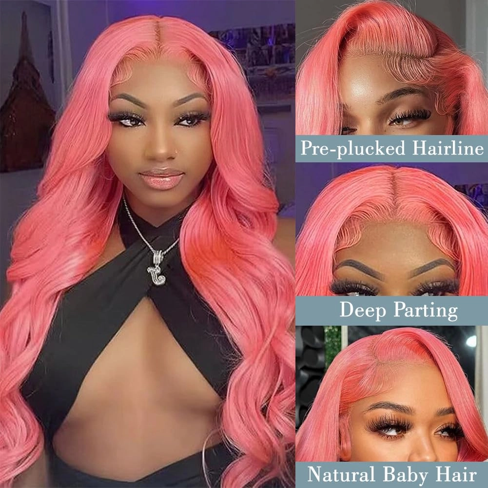 20 Inch Pink Lace Front Wig Human Hair 13x4 HD Lace Pink Body Wave Wig Human Hair Pre Plucked Colored Body Wave Wig For Women 150% Density Strawberry Body Wave Lace Front Wig
