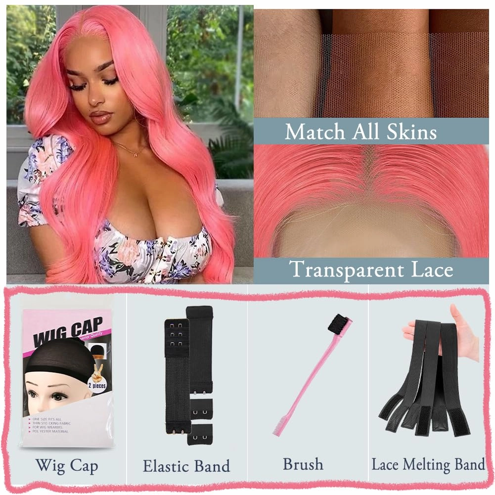 20 Inch Pink Lace Front Wig Human Hair 13x4 HD Lace Pink Body Wave Wig Human Hair Pre Plucked Colored Body Wave Wig For Women 150% Density Strawberry Body Wave Lace Front Wig